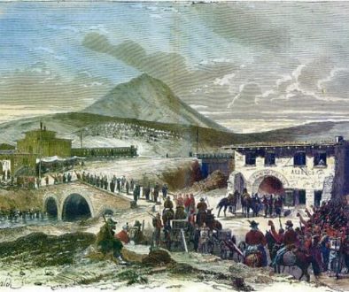 Passo Corese 3 novembre 1867: I Volontari garibaldini attraversano il ponte sul torrente Corese ove vengono disarmati dalle truppe del Regio Esercito. A sx è visibile la stazione ferroviaria , a dx la locanda di Corese dove fu ospitato Giuseppe Garibaldi.