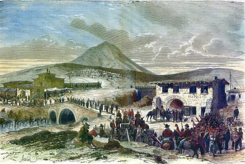 Passo Corese 3 novembre 1867: I Volontari garibaldini attraversano il ponte sul torrente Corese ove vengono disarmati dalle truppe del Regio Esercito. A sx è visibile la stazione ferroviaria , a dx la locanda di Corese dove fu ospitato Giuseppe Garibaldi.