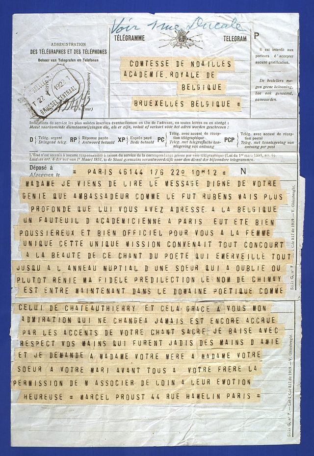 Télégramme de Marcel Proust à la comtesse de Noailles suite à son discours d'investiture à l'Académie royale de Belgique en janvier 1922.