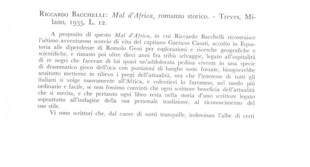 - Riccardo BACCHELLI- Romanzo storico “Mal d’Africa”