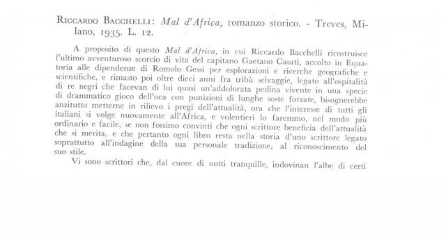 - Riccardo BACCHELLI- Romanzo storico “Mal d’Africa”