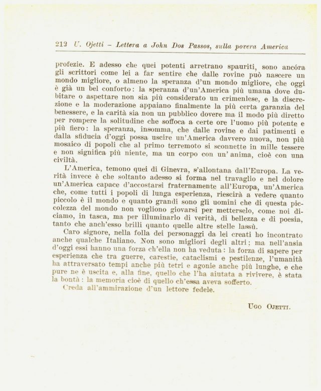 Ugo OJETTI -Lettera a John Dos Passos, Sulla Povera America.