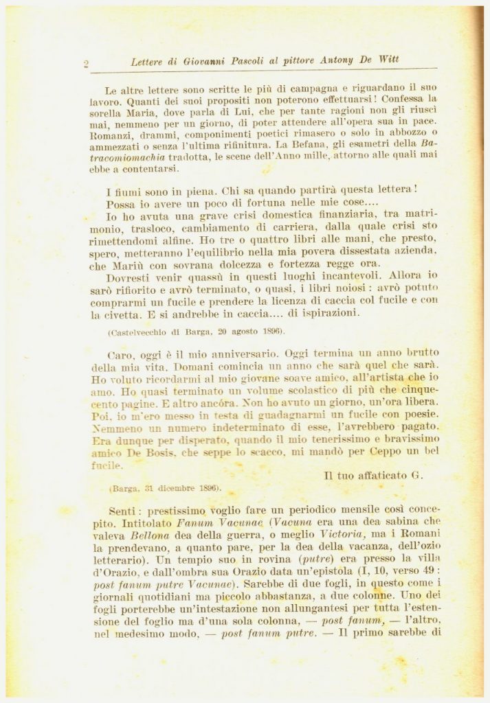 Giovanni Pascoli lettere al pittore Antony De WITT