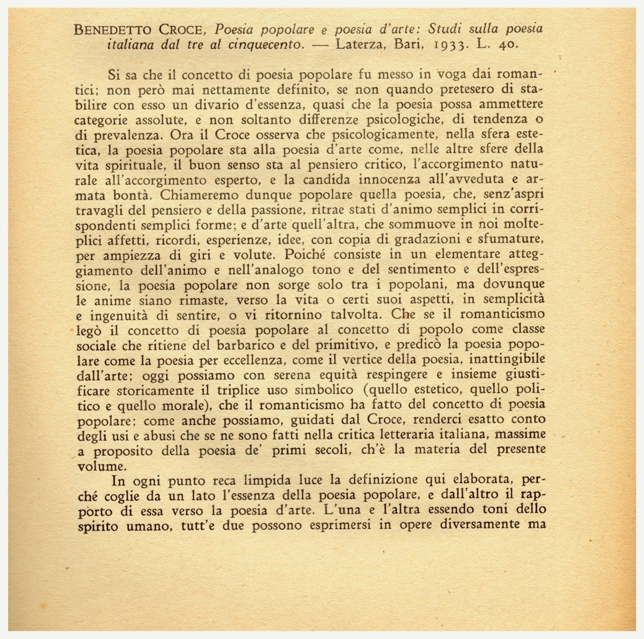 Benedetto CROCE-Poesia popolare e Poesia d'arte. Studi sulla poesia italiana dal Tre al Cinquecento-