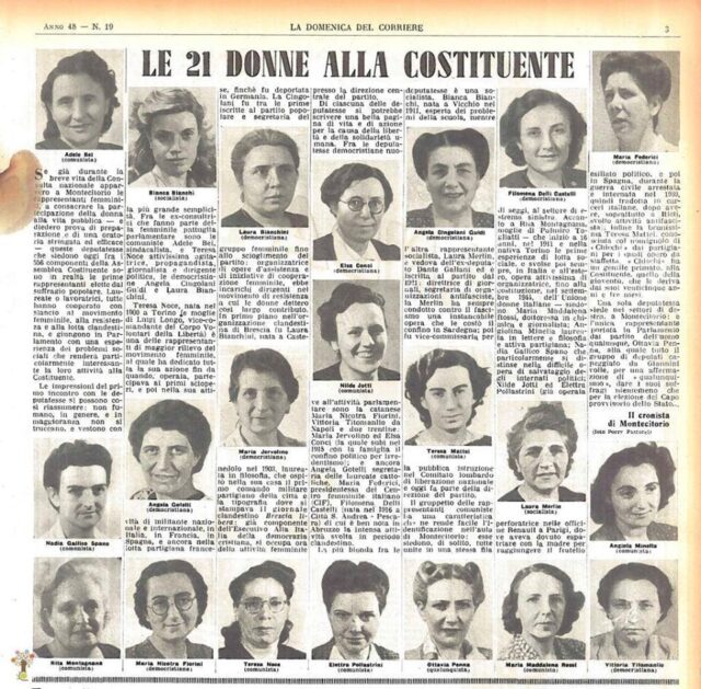 La pagina di giornale con le 21 Onorevoli elette alla Costituente è del Corriere della Sera -1946-