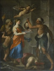 Stendardo della Compagnia della Misericordia raffigurante la nascita (09a) e il martirio (09b) di san Giovanni Battista, 1675 olio su tela, 247 x 175 cm Poggio Mirteto, chiesa di San Giovanni Battista, altare maggiore 