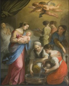 Stendardo della Compagnia della Misericordia raffigurante la nascita (09a) e il martirio (09b) di san Giovanni Battista, 1675 olio su tela, 247 x 175 cm Poggio Mirteto, chiesa di San Giovanni Battista, altare maggiore -