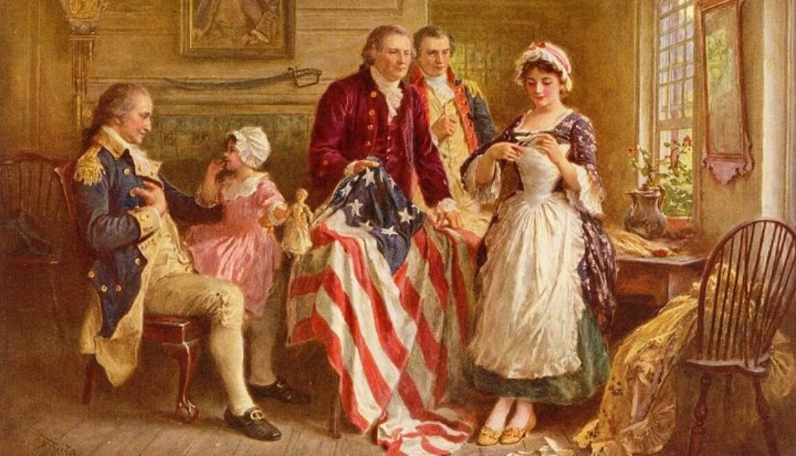 Betsy Ross cutting a star for the flag. George Washington is sitting down.